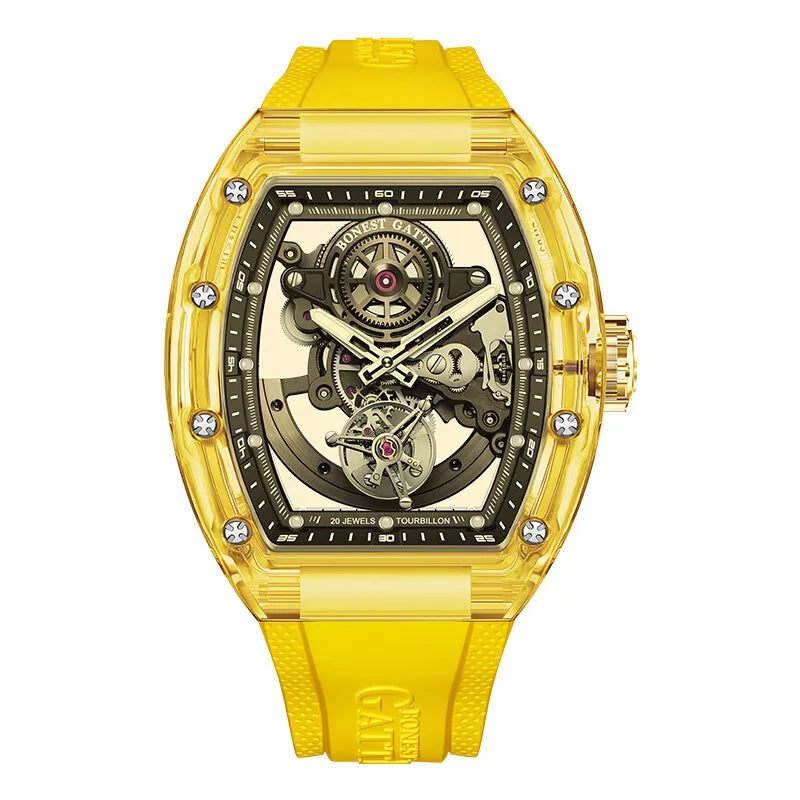 BONEST GATTI Men Tourbillon Watch 45mm Tonneau Automatic Mechanical Wristwatch Acrylic Case Luminous Skeleton Dial